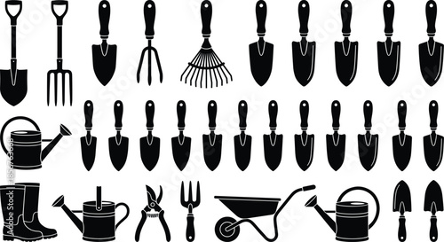 Garden tool icons set, black silhouette gardening equipment collection, shovel rake trowel watering can wheelbarrow vector illustration isolated flat style