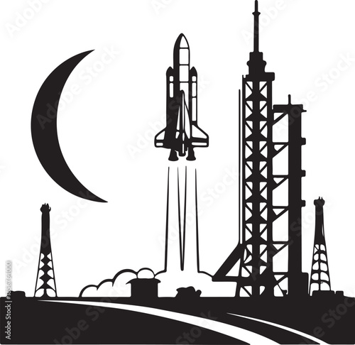 Futuristic rocket launching from moon base silhouette vector