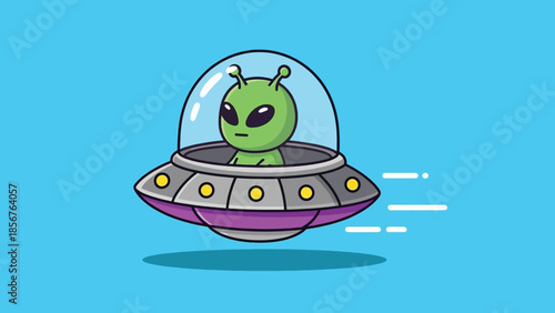 Adorable cartoon green alien character piloting a futuristic flying saucer with speed lines.