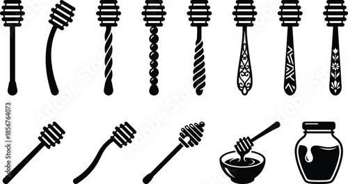 Honey dipper silhouettes set, beekeeping nectar tools collection, sweet syrup drizzle sticks, organic food symbols, black vector illustration