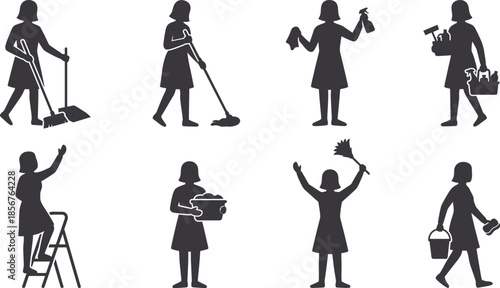Housekeeping woman silhouettes set, cleaning service poses with mop spray bucket tools, professional domestic maintenance staff vector illustration