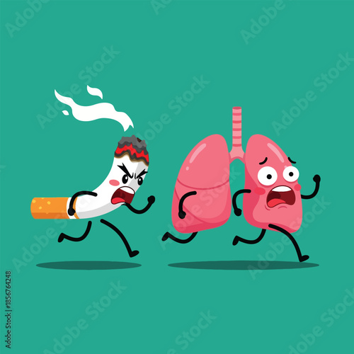 Angry cartoon cigarette chasing scared human lungs, illustrating smoking danger.