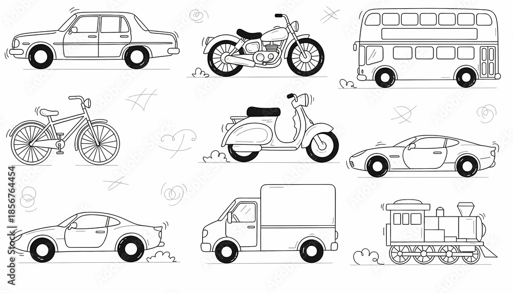 Naklejka premium Hand drawn transport vehicles line art set with car bike bus truck scooter and train