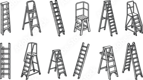 Ladder step ladder line art set construction tools equipment vector illustration isolated on white background for repair maintenance design