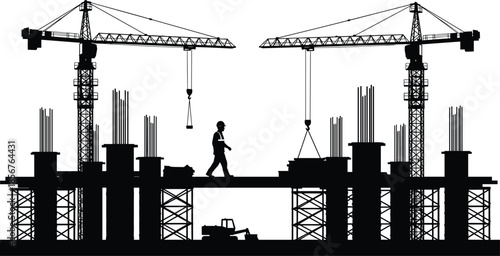 Silhouette of industrial construction site featuring tower cranes, worker on beam, reinforced concrete pillars, and excavator, flat vector illustration.