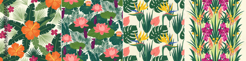 Four Exotic Tropical Seamless Patterns Set with Colorful Floral Motifs