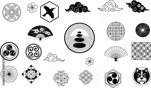 Traditional Japanese symbols set, kamon, fans, clouds, cherry blossom, zen stones, shiba inu, black and white icon collection, cad drawing flat vector illustration