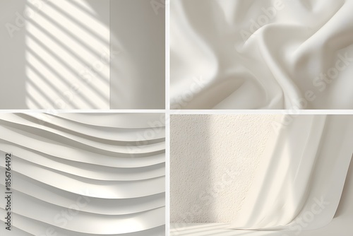 Pantone 11-4201. Textured white surfaces featuring smooth fabric, wavy patterns, and soft shadows create a serene atmosphere, ideal for backgrounds and design mockups with copy space