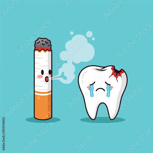 Cartoon cigarette smoking causing painful tooth decay illustration.