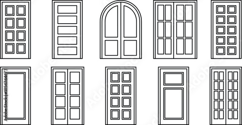 Minimal door icon set in black and white, various residential and architectural door designs for real estate, web, app, UI use