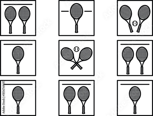 Minimal tennis racket icon set in black and white, sports equipment symbols collection for web, app, infographic, UI, logo design