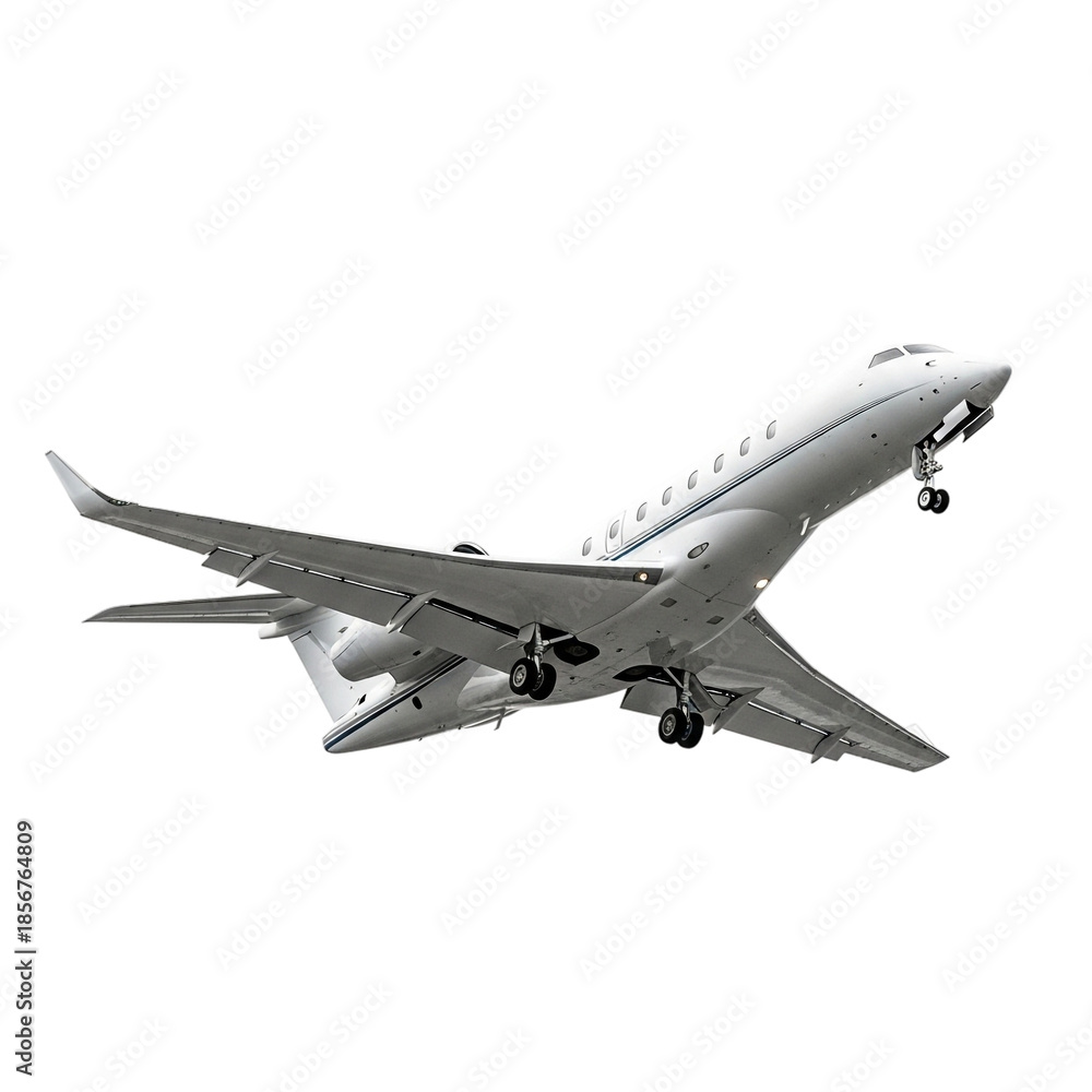Obraz premium White private business jet airplane flying with landing gear down isolated on transparent background high quality aviation clipart PNG format