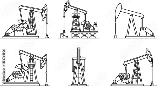 Oil pumpjack industrial machinery line art set petroleum drilling equipment vector illustration isolated on white background energy production design