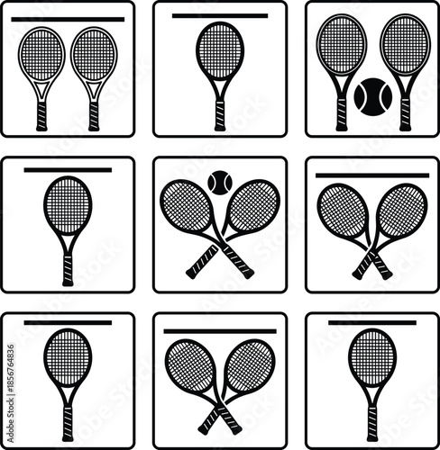 Minimal tennis racket icon set, black and white sports symbols collection for web, app, infographic, logo, UI design, branding, templates