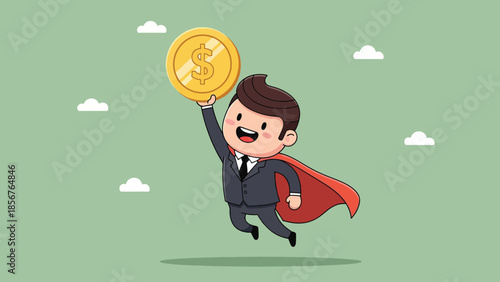 Cartoon superhero businessman flying with gold dollar coin, symbolizing financial success.