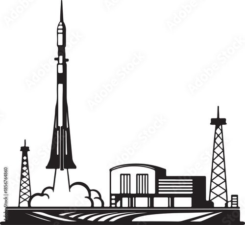 Futuristic rocket launching from moon base silhouette vector
