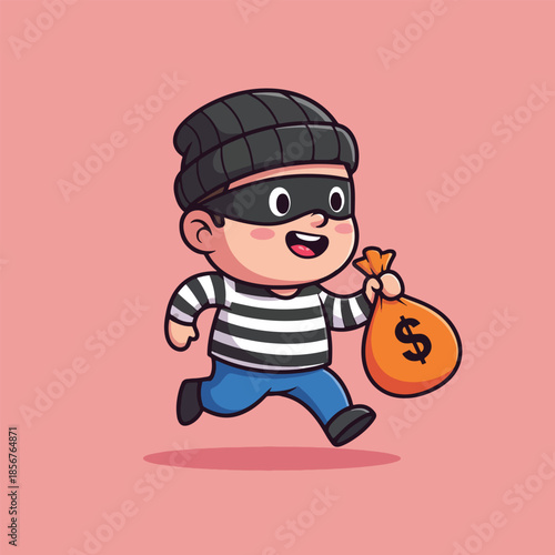 Cartoon thief running with money bag, wearing beanie and mask.