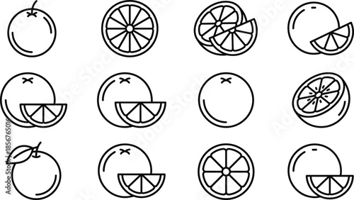 Orange fruit line icons set, citrus slices whole oranges, minimal outline symbols, food illustration, healthy nutrition, vector design collection pack