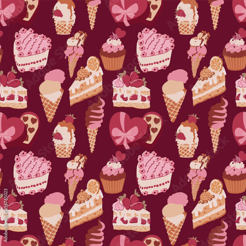 Sweet flat pattern with cakes, ice cream, cupcakes and chocolates on dark background. High contrast vector design for bakery packaging, food blog or party decor.