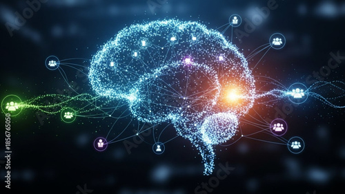 Glowing brain with neural connections and people icons on dark background