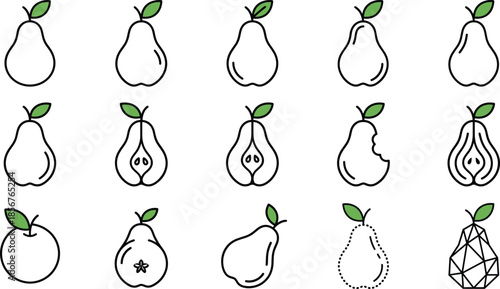 Pear fruit line icon set, whole and sliced pears, minimal outline symbols, healthy organic food, vector illustration collection pack