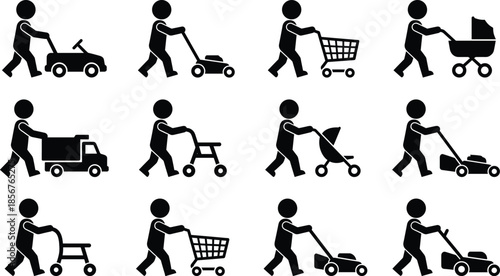 People pushing carts and equipment silhouette icon set daily activities transport tools vector illustration isolated on white background