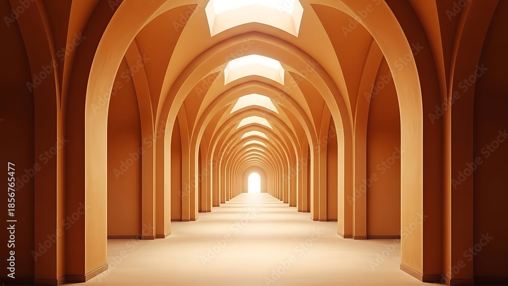 Fototapeta premium Endless Orange Arches Corridor Perspective Light Tunnel Architectural Background