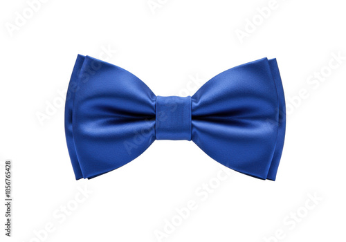 A perfectly symmetrical royal blue satin bow tie, meticulously tied with sharp edges, lustrous texture, isolated on a transparent studio background with copy space, soft shadow, concept of refined