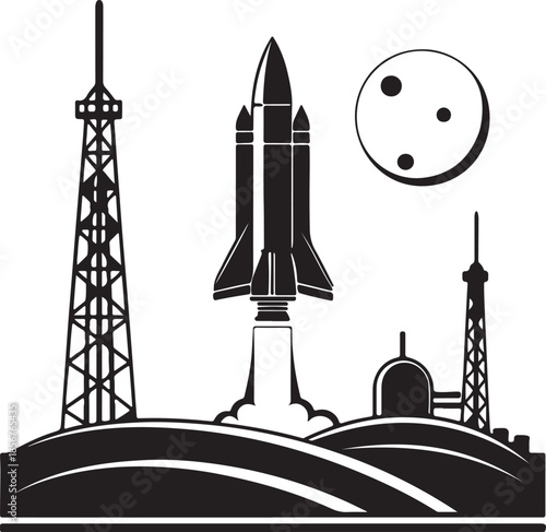 Futuristic rocket launching from moon base silhouette vector