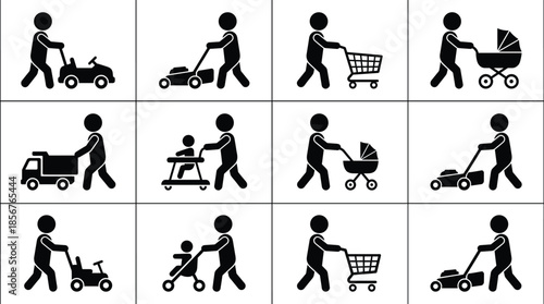 People pushing carts and strollers silhouette icon grid daily activities transport equipment vector illustration isolated on white background
