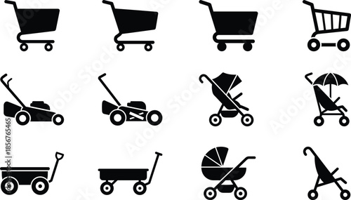 Shopping cart, stroller, wagon, lawn mower icons set, black silhouette transport collection, retail, baby, garden, delivery, vector illustration