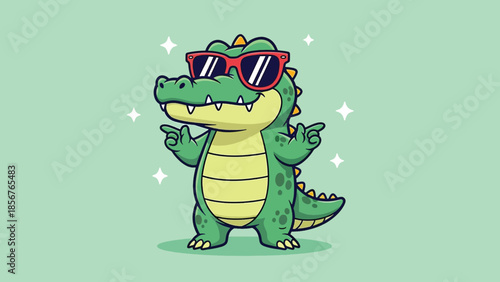 Cool cartoon alligator wearing red sunglasses and making a rock gesture.