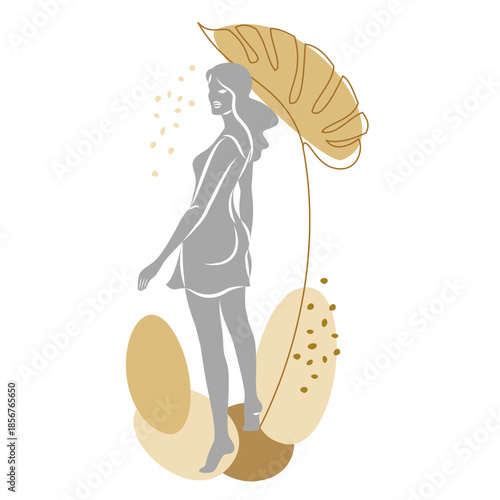 Silhouette of a cute lady and leaves of a plant. The girl is standing. The woman has a beautiful figure. She is young and slim. Vector illustration.