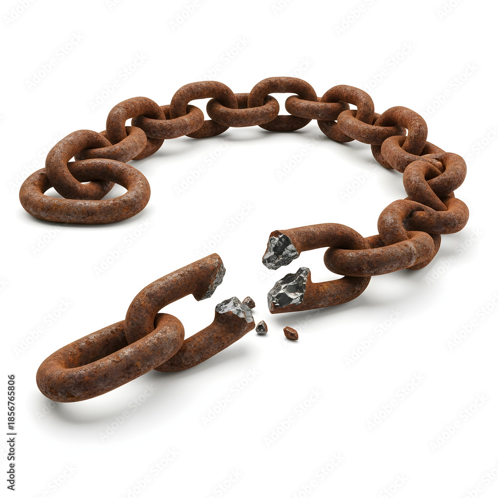 Obraz premium Broken rusty chain with snapped links on white background