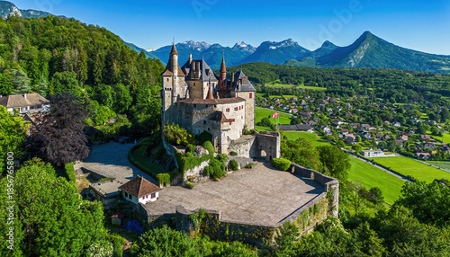 Foto Aerial view of the Château de Menthon-Saint-Bernard overlooking Lake Annecy in H