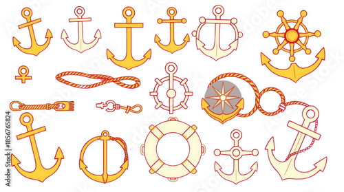 Collection of Diverse Nautical Symbols and Marine Elements on White Background