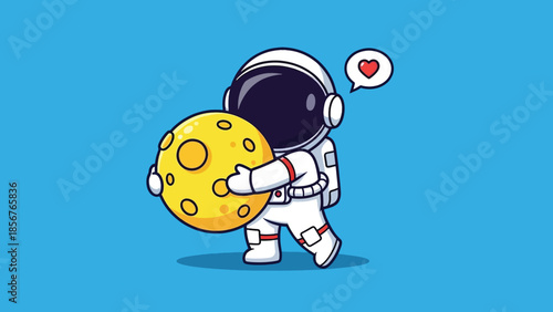 Cute cartoon astronaut in white suit holding a yellow moon, showing love.