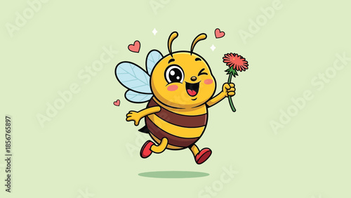 Cute cartoon bee character winking and holding a red flower with floating hearts.
