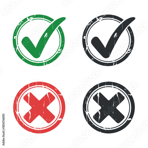 A collection of circular icons displaying check marks in green and black alongside red and black cross symbols symbolizing validation and rejection
