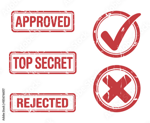 A collection of red rubber stamps displaying approval top secret clearance rejection and denial symbols on a white background high quality