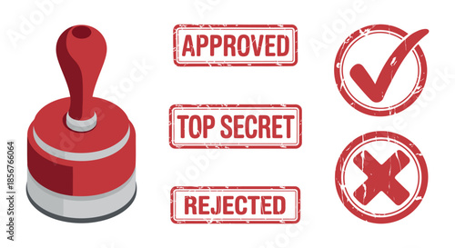 An illustrative depiction of approval and rejection stamps including a red rubber stamp approved top secret and rejected labels high quality