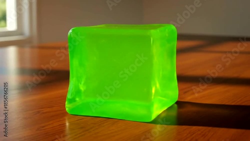 Green Slime Cube on Wood Surface, Hand Stretching Slime.