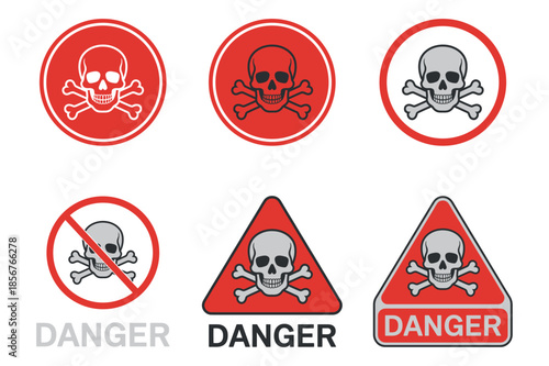 A collection of warning signs featuring skull and crossbones symbols including circles triangles and prohibition indicators signaling potential hazards high quality