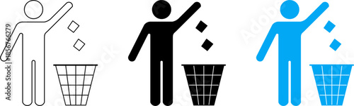 Set of throw garbage icons showing person putting trash into bin. Includes outline, solid black and blue styles. Ideal for signage, UI, apps, web, recycling and cleanliness concepts.