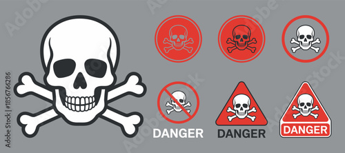 A collection of warning signs featuring skull and crossbones symbols alongside triangular danger alerts conveying toxicity and hazard awareness high quality