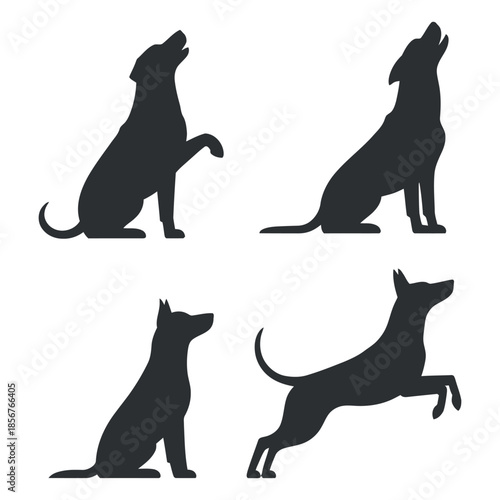 Four distinct silhouettes of canines are presented depicting a howling wolf a sitting dog and two other unique postures high quality