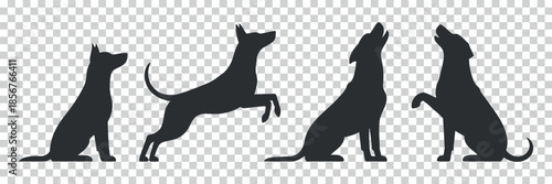 a collection of four distinct black silhouettes depicting dogs in various poses including howling sitting and standing positions high quality professional