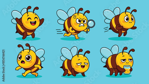 Cute cartoon bees set with diverse emotions and actions - happy, angry, surprised, tired, flying, running, drinking coffee.