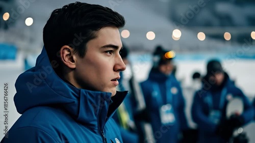 Focused Teenage Male Athlete Preparing for Ski Competition Amidst Team at Winter Sports Venue with Blurry Background and Soft Lighting