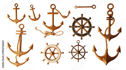 Collection of Bronze Nautical Decorations Including Anchors and Ship Wheels on White Background